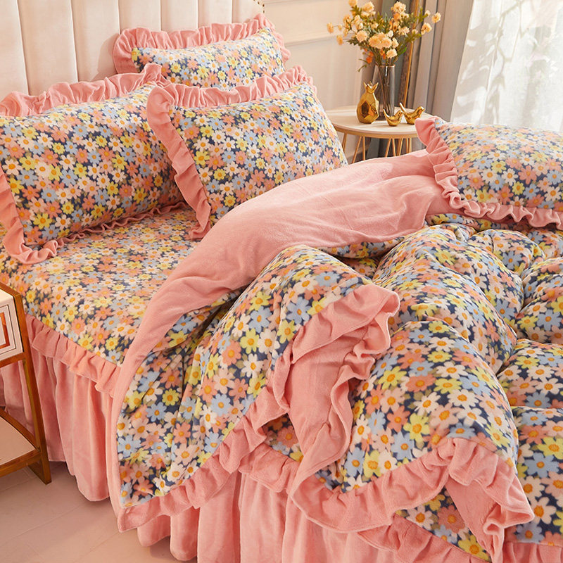 冬季保暖田园小碎花被套单件加厚双面珊瑚绒公主风花边被罩