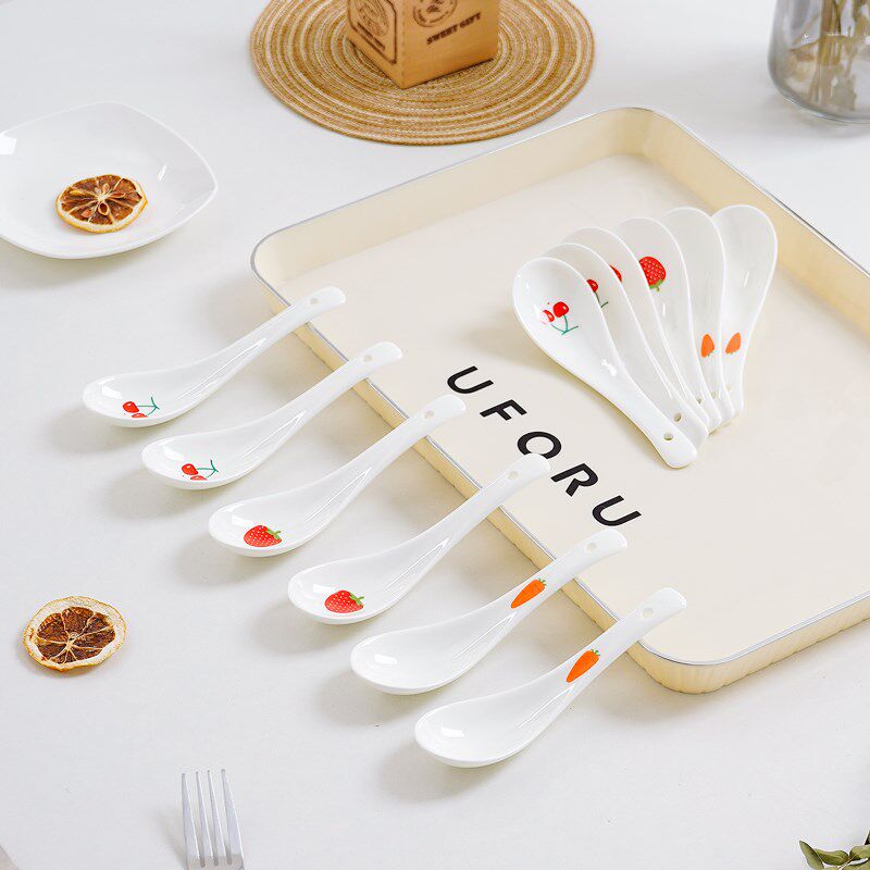 4个装 骨瓷小汤勺可爱小勺粥勺陶瓷长柄圆头汤匙饭勺调羹瓷勺