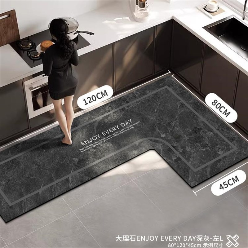 大理石纹L形厨房硅藻泥软垫吸水吸油可擦免洗地毯U高级感耐脏防摔