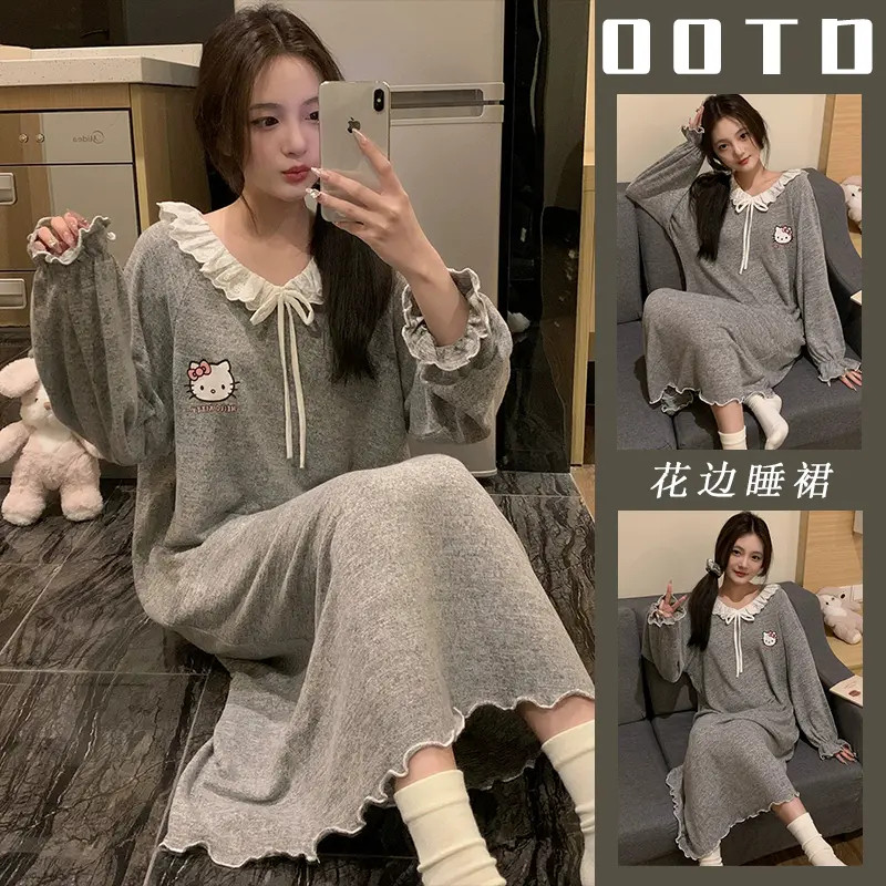 磨毛卡通花边kitty长袖睡裙