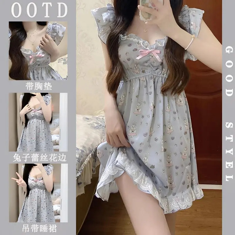 月光* 带胸垫吊带睡裙女夏季甜美兔子蕾丝花边荷叶边薄款家居服