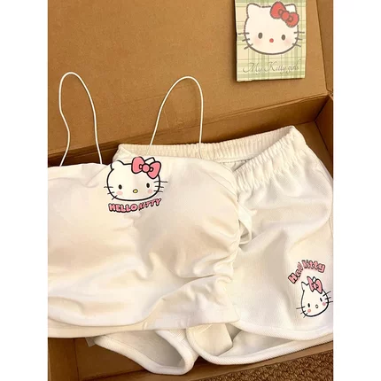月光* 带胸垫可爱凯蒂猫睡衣女夏季甜美吊带短裤外穿家居服套装