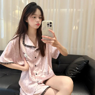 月光* 波点hellokitty猫睡衣女花边短袖日系学生居家服套装外穿
