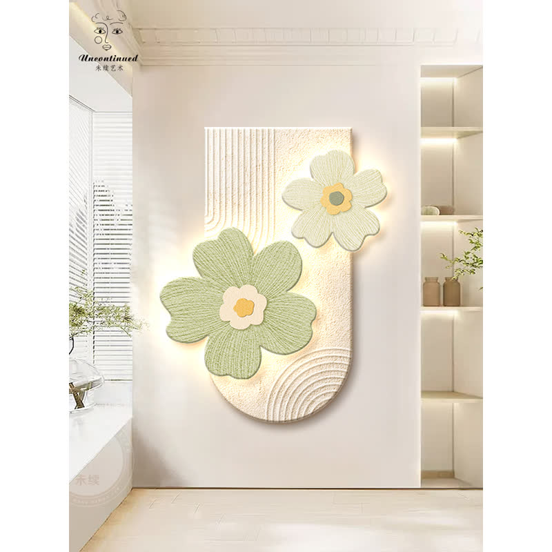 奶油风入户玄关装饰画3D立体花卉走廊过道壁画led灯砂岩客厅挂画图片