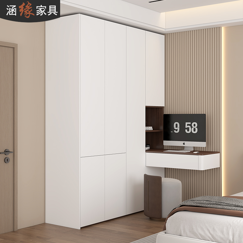奶油风卧室衣柜悬浮梳妆台书桌一体家用小户型转角电脑桌定制7A51