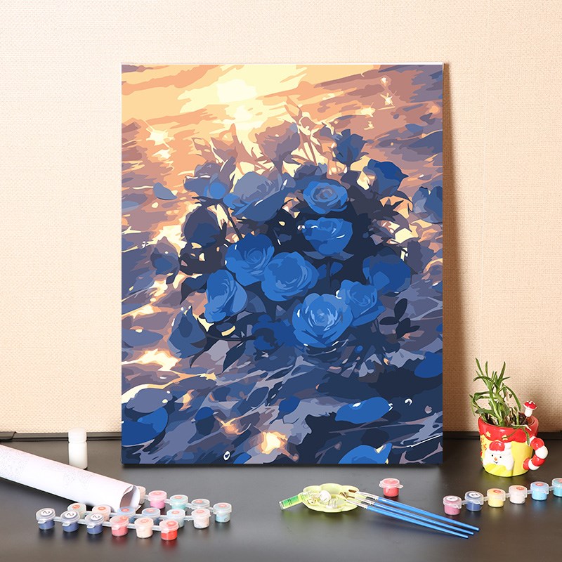 数字油画diy手工填色波光粼粼蓝色玫瑰花手绘消磨时间涂色油彩画