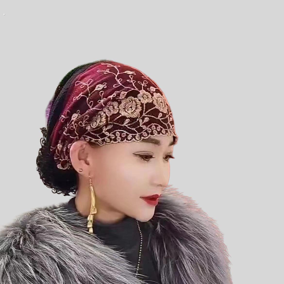 网纱绣花发带帽轻薄透气四季百搭时尚妈妈款遮白发修脸型中年头巾