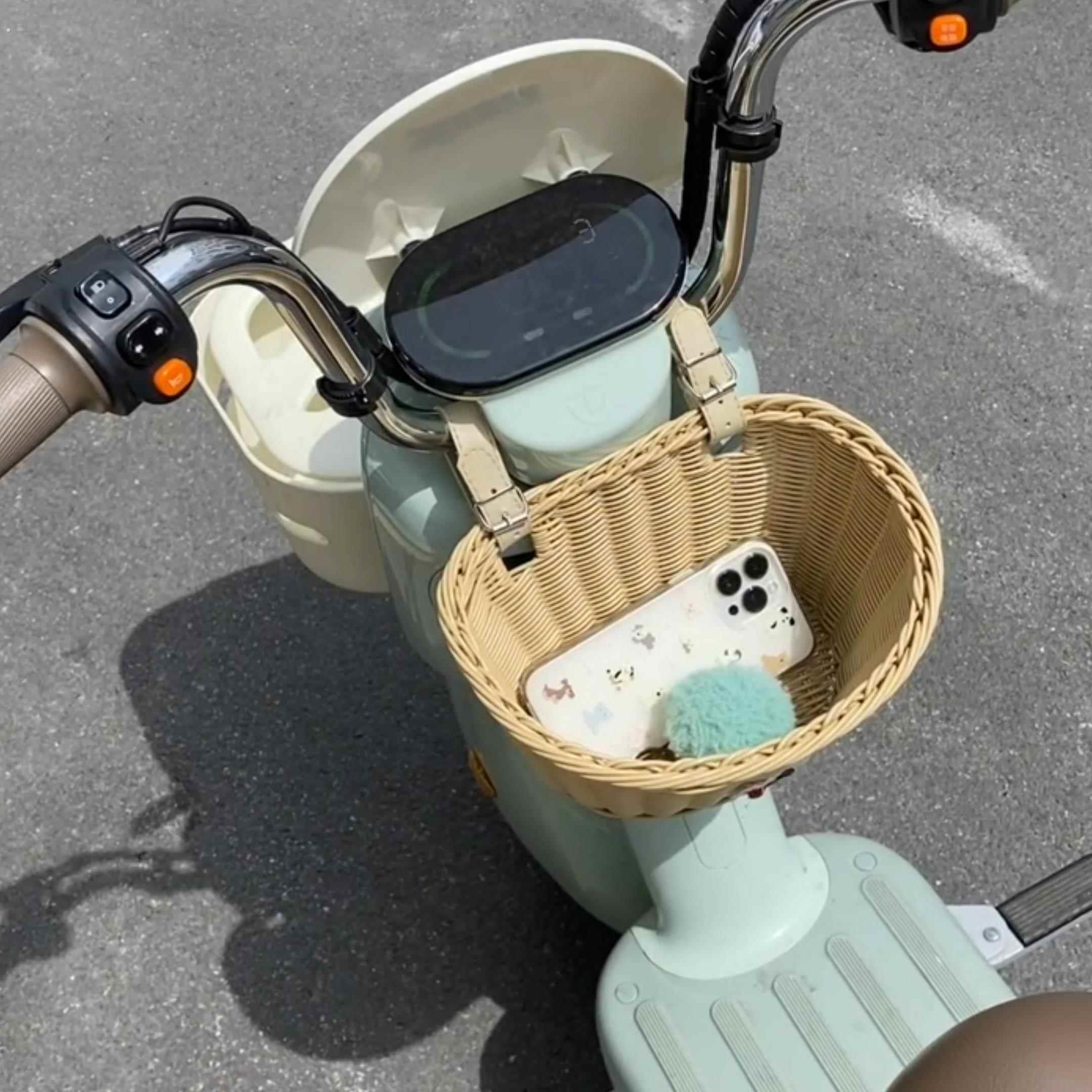 电动车前置竹编筐装饰小配件挂物兜防水收纳推车筐电动车改造