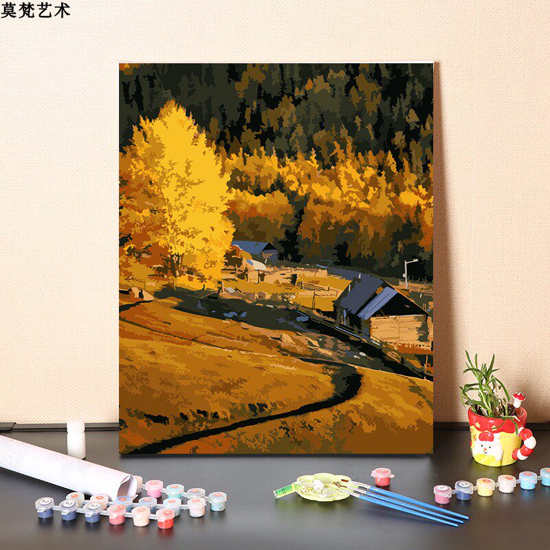 数字油画手工填中国新疆秋天风貌风景画手绘涂色油彩画画