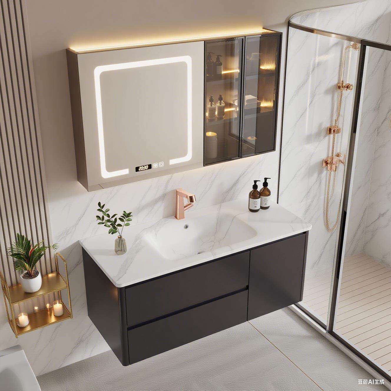 岩板热弯一体盆304不锈钢蜂窝铝浴室柜组合洗脸洗手卫生间洗漱台