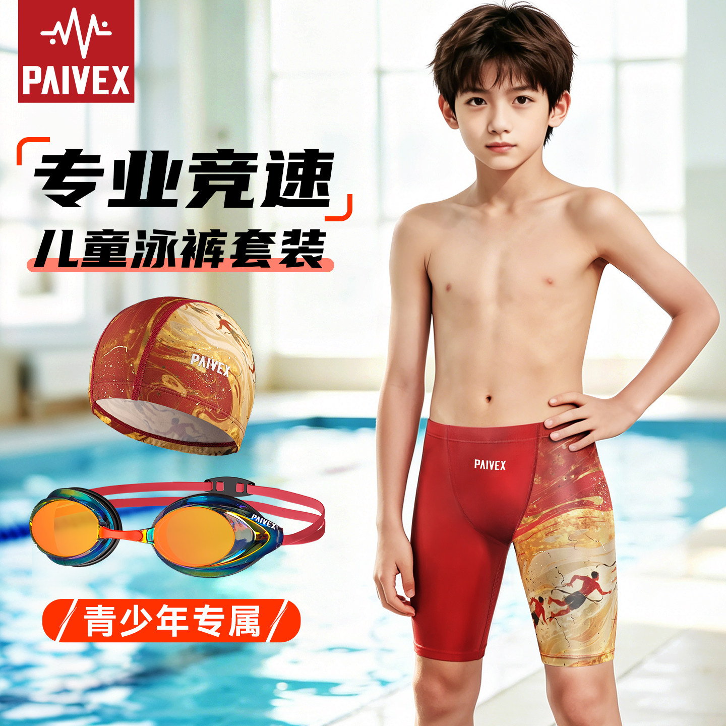 儿童泳裤青少年男中大童抗氯专业训练比赛套装五分男孩速干游泳裤