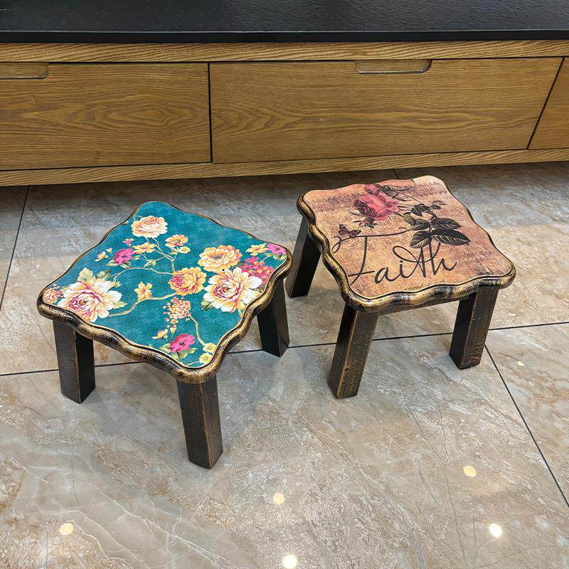 美式乡村艺术风格实木小凳子结实耐用门口换鞋凳客厅茶几板凳