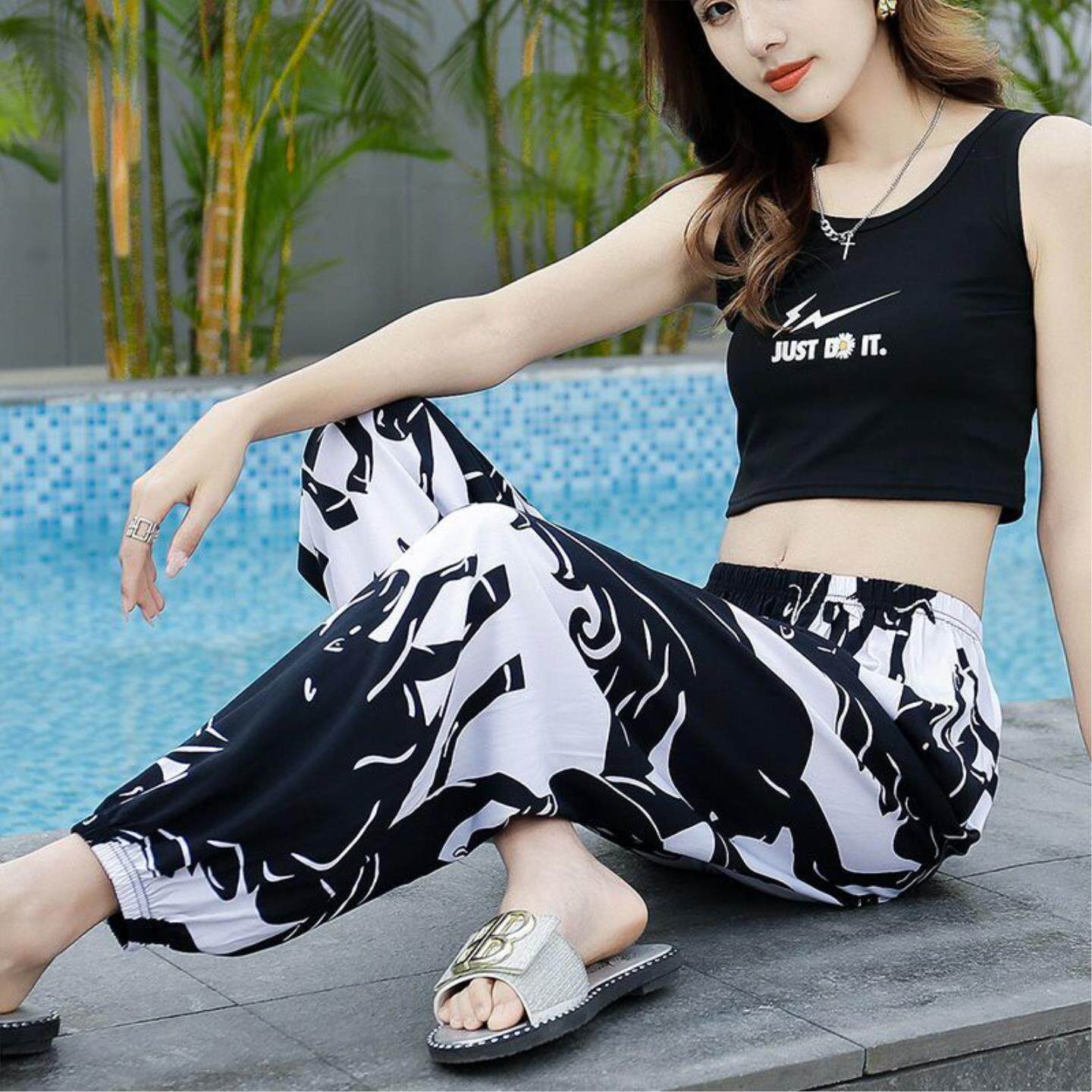 沙滩裤女大人人造棉长裤薄束口灯笼裤夏宽松棉绸防蚊裤成人哈伦裤