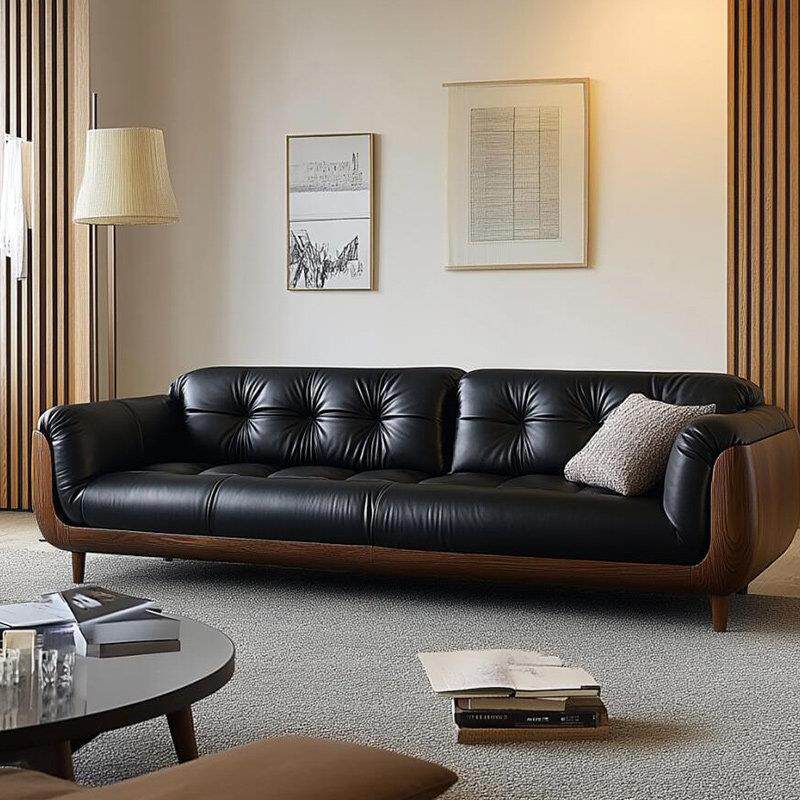 新中式实木沙发客厅直排真皮黑色宋氏美学2025新款黑胡桃木现代