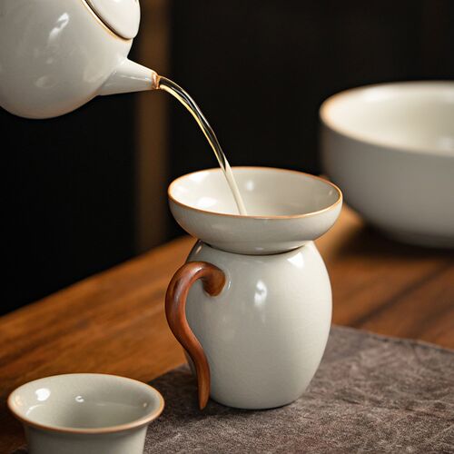汝窑米黄公道杯全瓷过滤三件套分茶器单个大号匀茶海茶道开片可养