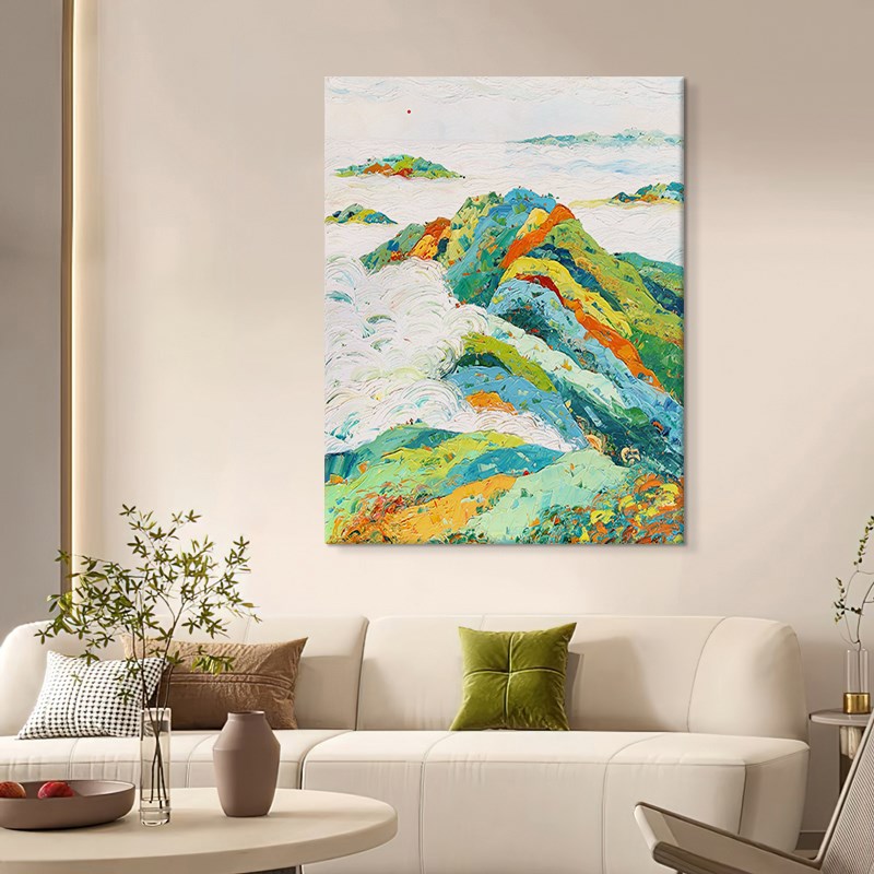 背有靠山抽d象肌理手绘油画多巴胺玄关装饰画彩色山峰风景客厅挂图片