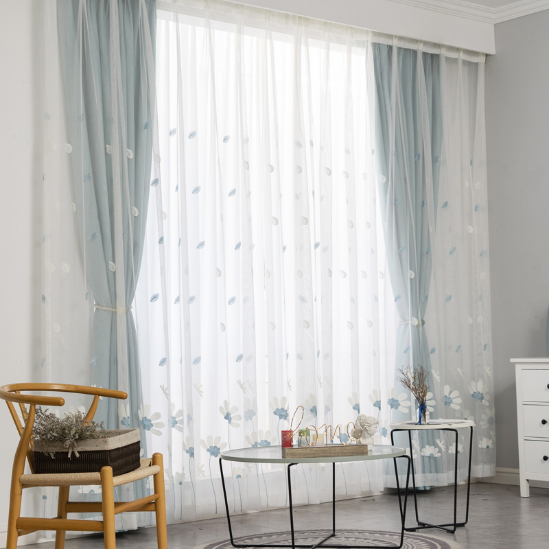 遮光布客厅窗帘卧室田园小清新窗纱飘窗纱帘海蓝色窗帘布料隔断帘