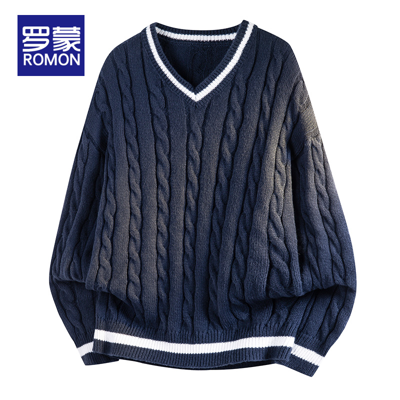 罗蒙秋冬季新款麻花毛衣男士复古青少年慵懒风针织毛衫潮休闲上衣