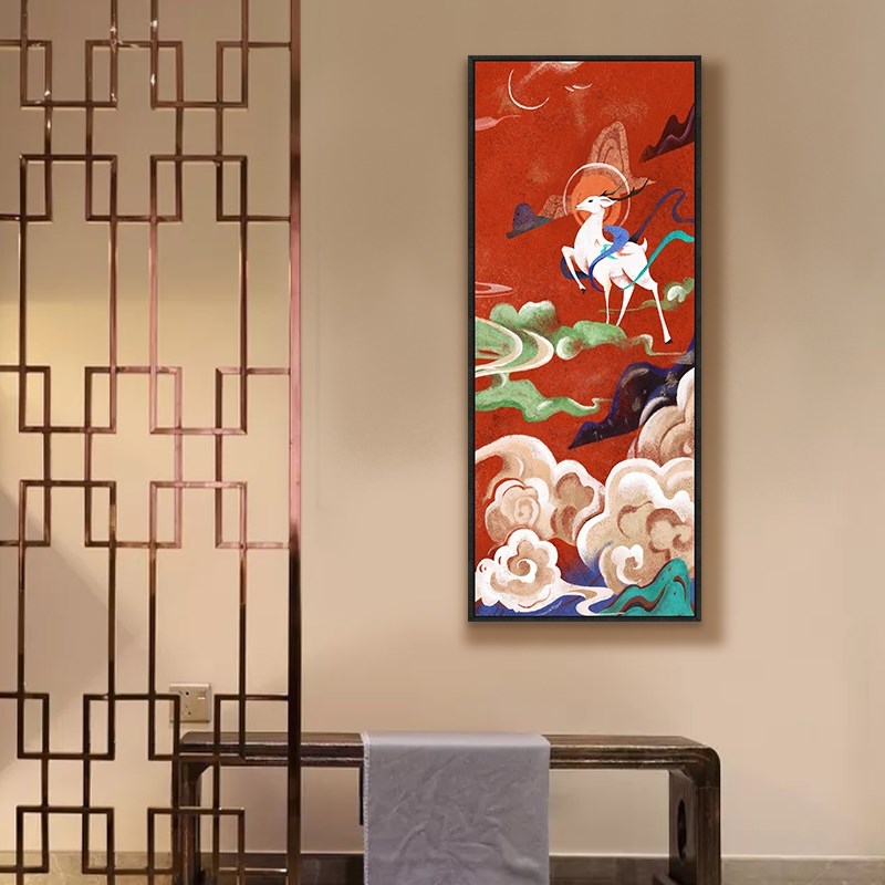 网红 玄关日式麋鹿装饰画现代中式敦煌画艺术禅意祥云挂画竖版图片