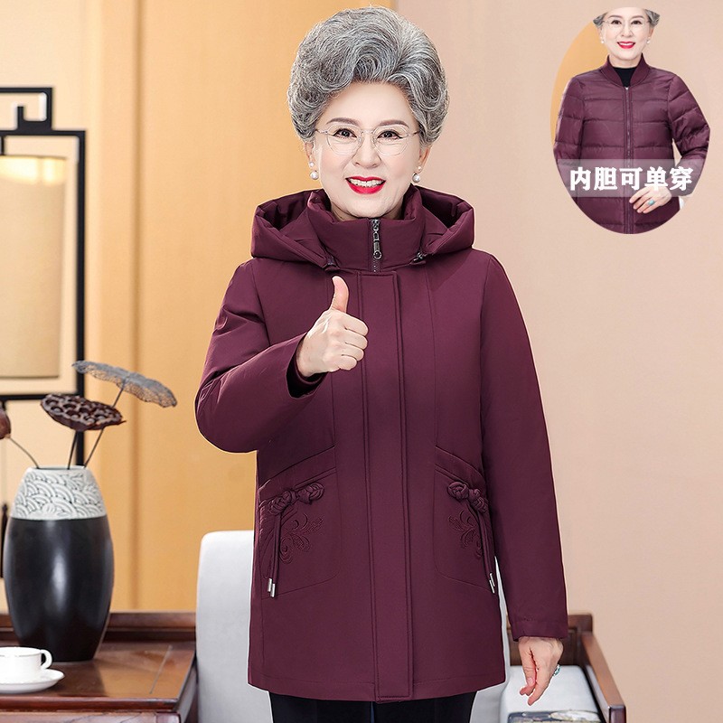 可拆卸内胆中老年奶奶羽绒服女中长款活里活面妈妈羽绒服冬装外套