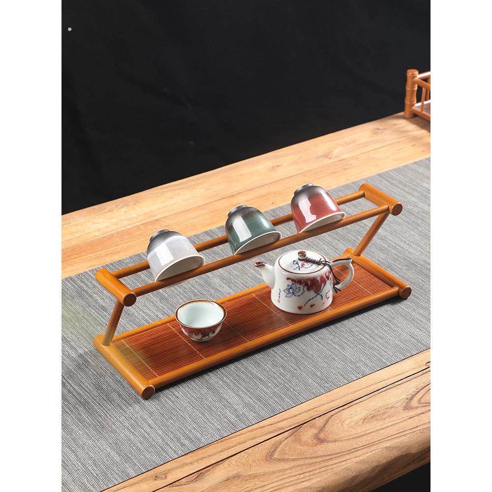 手工竹制水杯架覆古中国双层茶具储物架储物架展示架干茶托盘