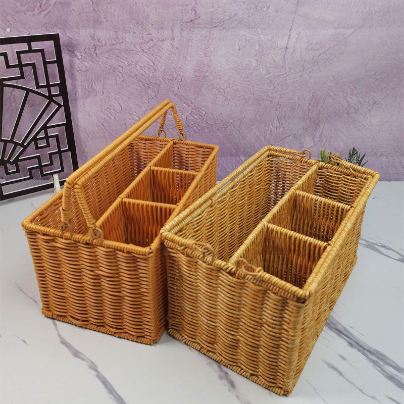 塑料彷藤编手提工具篮户外野餐餐具篮子分格手提水果篮家用收纳篮
