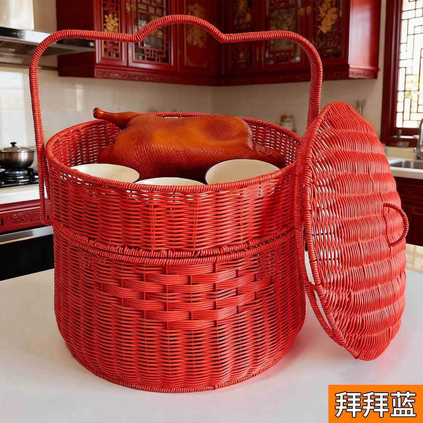 红色喜庆专用手提篮圆形双层拜拜篮子隔层祠堂拜神祭祖结婚喜事筐