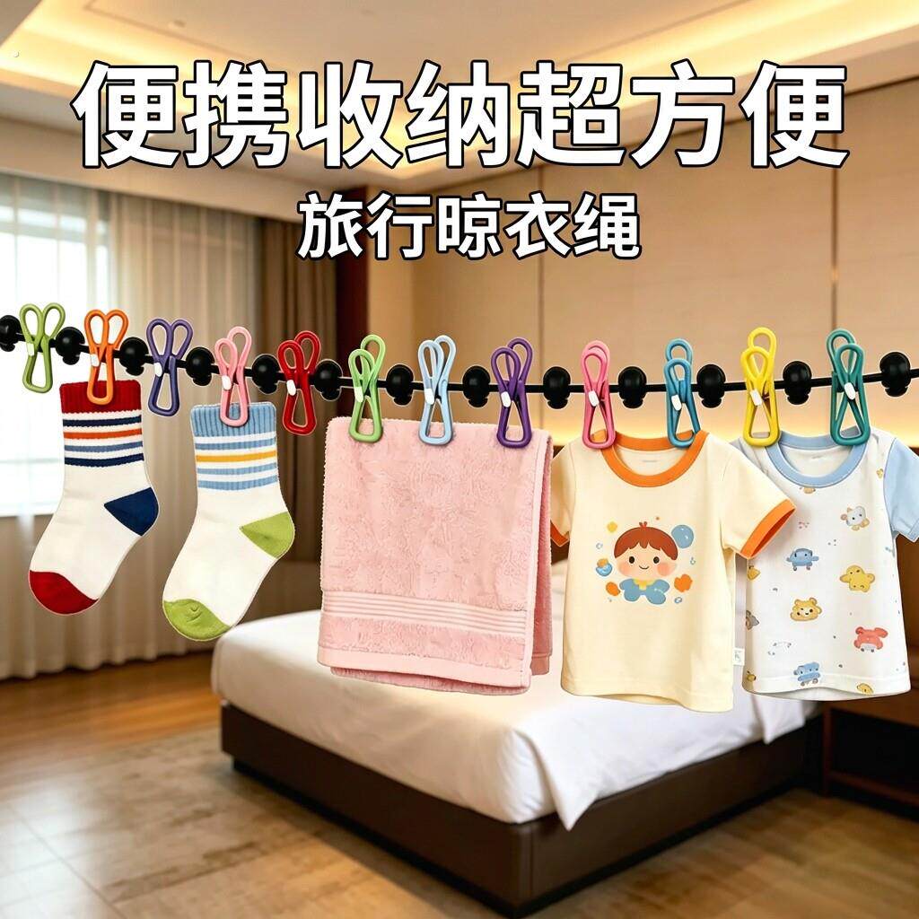 晾衣绳旅行便携式旅游折叠晒衣绳户外晒被子神器带夹子宿舍小凳子