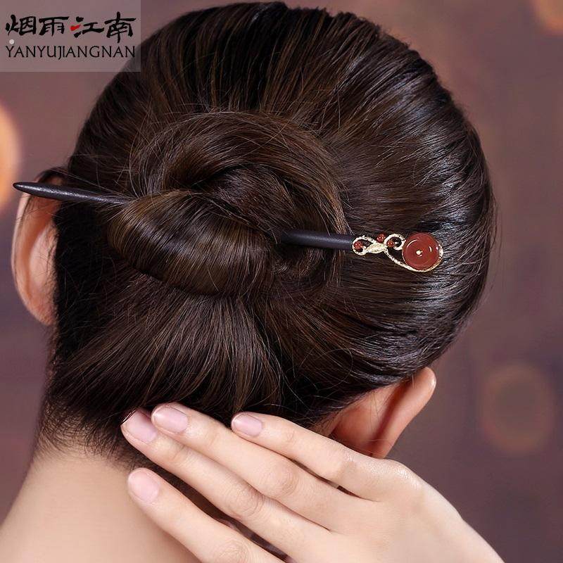 简约旗袍发簪现代簪子古风木簪日常头饰步摇钗子发钗发饰女红色
