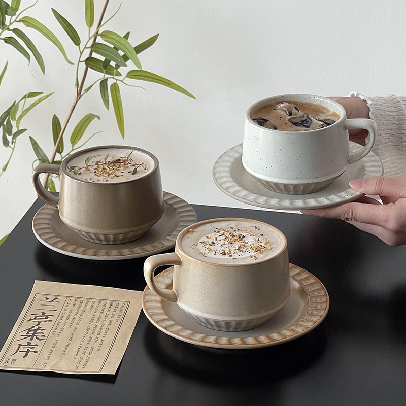 日式复古陶瓷咖啡杯碟套装创意马克杯拿铁杯拉花杯做旧茶杯水杯子
