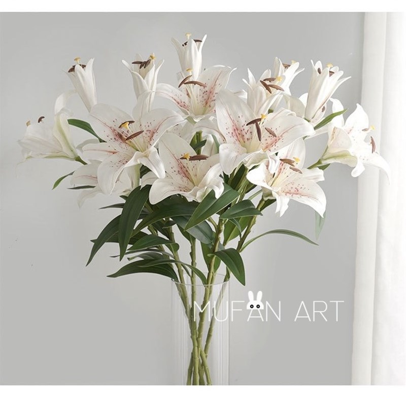 田园高档客厅摆设餐桌电视柜摆件3头手感百合花仿真花假花装饰花