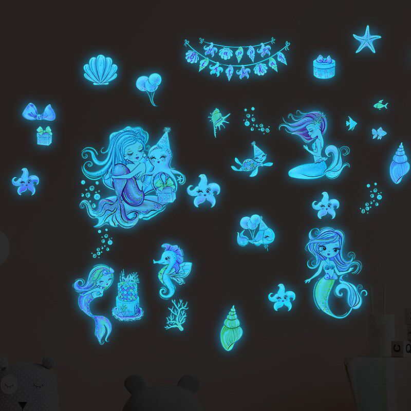 新款夜光贴卡通水彩美人鱼贴画贴饰儿童书房家居装饰荧光贴纸墙贴