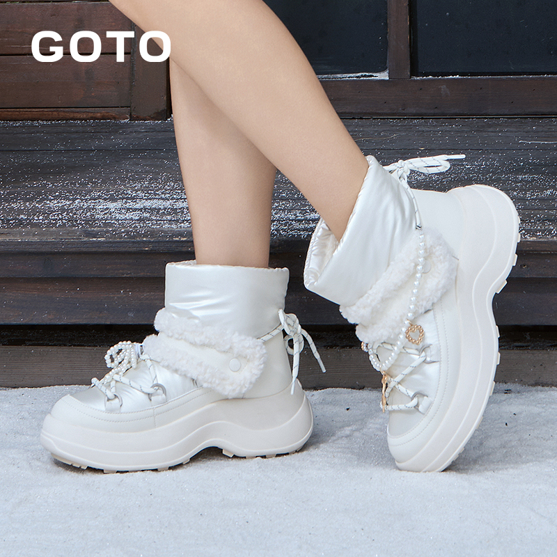 GOTO高光靴中筒厚底增高雪地靴女2025冬季防滑防水加绒保暖棉靴