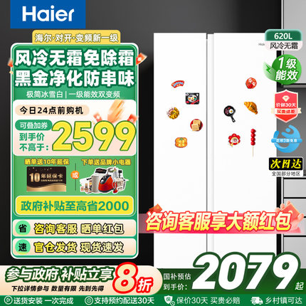 冰箱双开门620L家用大容量风冷无霜一级能效双变频节能白色对开门