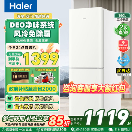 海尔电冰箱190升风冷无霜超薄双开两门节能小户型家用宿舍出租房