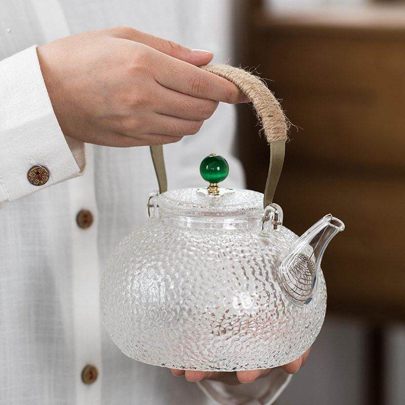 日式耐高温玻璃壶锤纹煮茶壶黑晶炉专用烧水壶铜把玻璃提梁壶纯铜