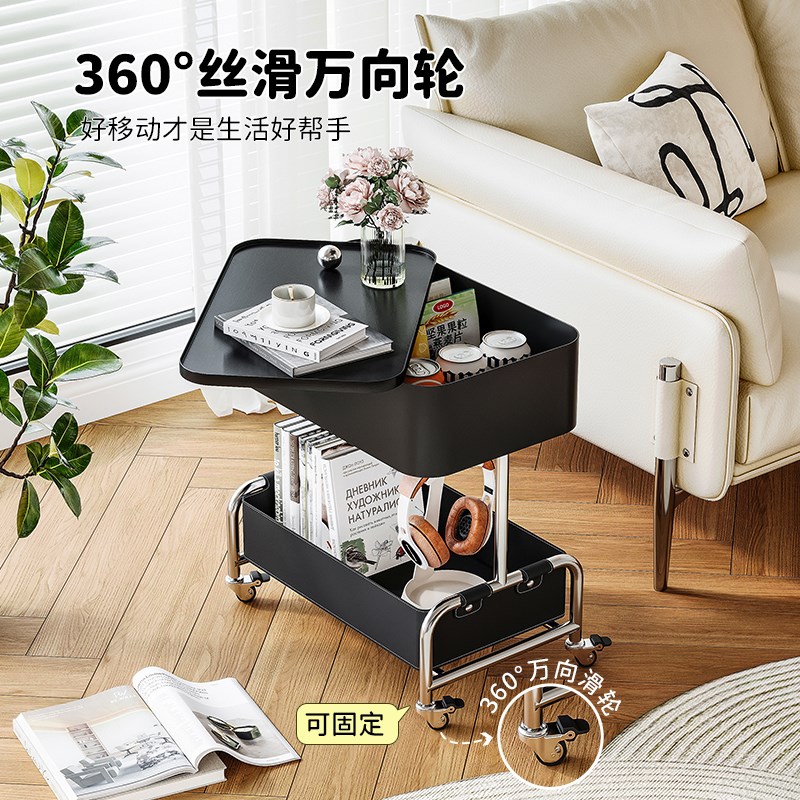 可移动边几客厅中古风小茶几推车铁艺沙发旁收纳窄边柜轻奢高级感