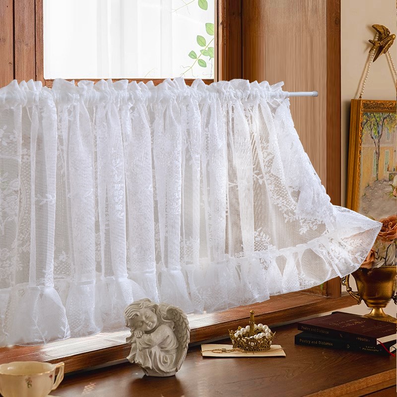 厨房半帘门帘短帘魔术贴窗帘法式白色蕾丝纱帘遮挡帘免打孔隔断帘