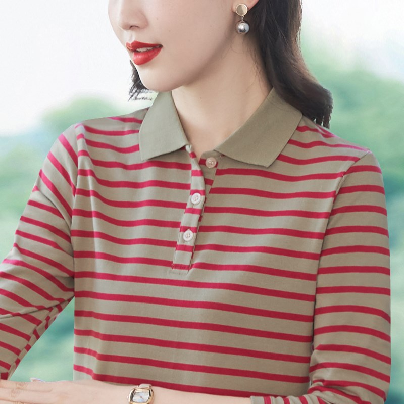女士衬衫纯棉长袖条纹T恤女秋冬2024新款中年妈妈显瘦翻领polo衫t