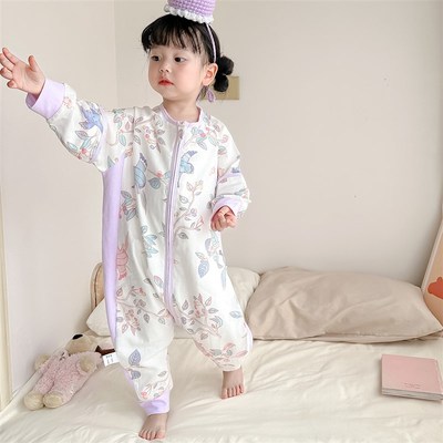 可拆袖儿童睡袋春夏秋纯棉纱布宝宝分腿防踢被四季通用男女童睡衣