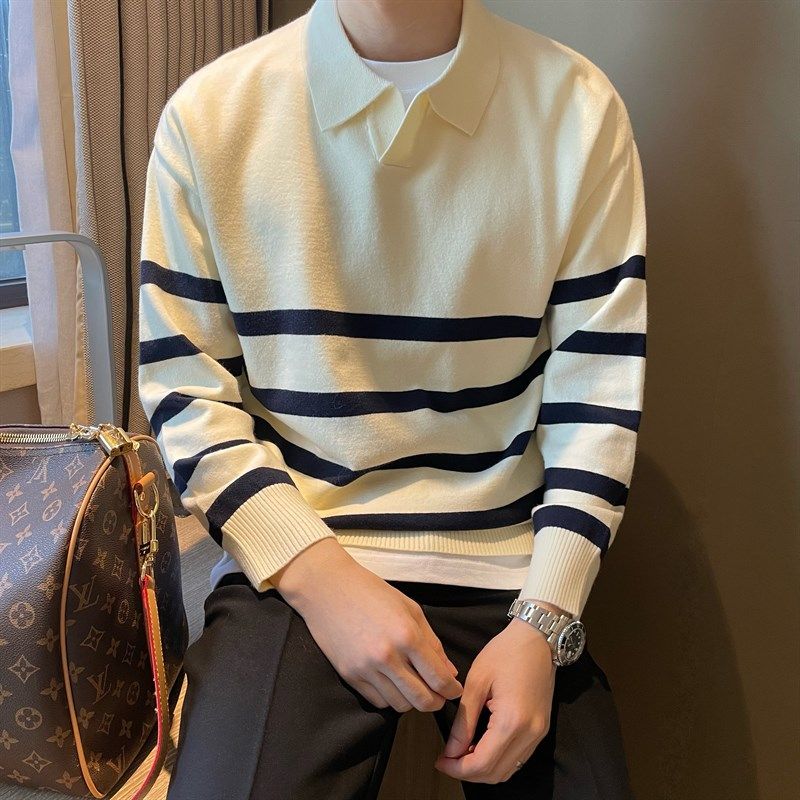 英伦式翻领拼撞色横条纹polo毛衣休闲打底落肩宽松款潮男针织衫,男装,针织衫/毛衣,淘宝优惠券,粉丝福利购,淘宝优惠卷