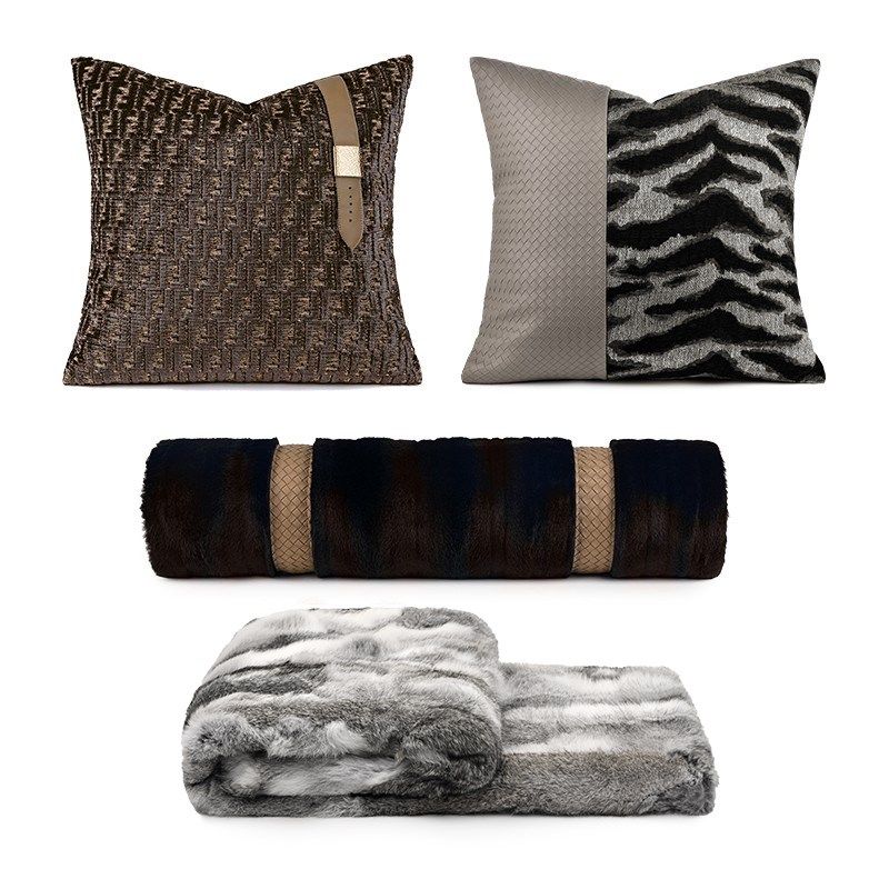 高级意式抱枕轻奢样板间酒店别墅高档黑咖皮革割绒靠枕沙发靠垫软