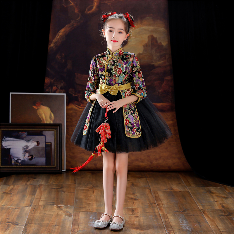 儿童中国风演出服国潮中式旗袍男女童古筝块板走秀学生朗诵大合唱