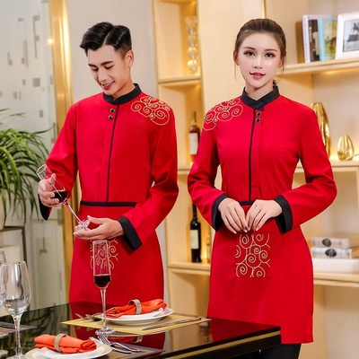 中国风服务员工作服长袖女秋冬装中式火锅店餐饮农家乐复古服装厚