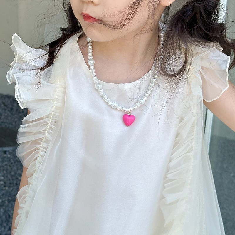 韩国儿童珍珠爱心项链可调节石英绿串珠宝宝纯手工锁骨链女孩饰品