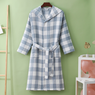 秋若薇带帽三层纱布浴袍纯棉女春夏浴衣吸水男士睡袍美容游泳客栈