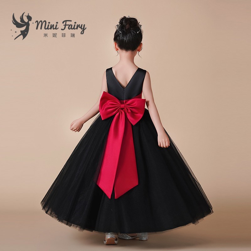 儿童黑色钢琴演出服学生管弦乐团演奏礼服高端缎面小提琴比赛长裙