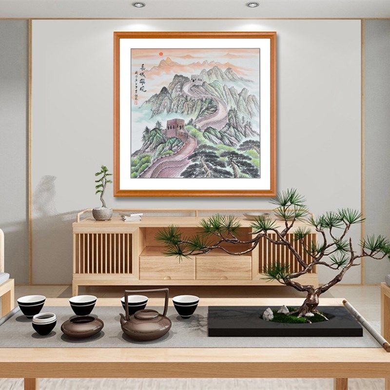 国画斗方长城雄风正方形无水靠山画办公室挂画纯手工原稿带框装饰