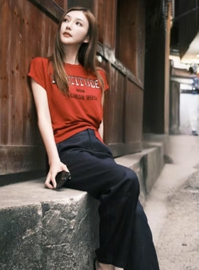 COCO BECCI【热颂红T】珠绣加刺绣字母针织短袖T恤CFLJB232024