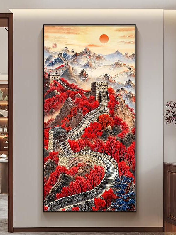 万里长城新款鸿运当头竖版玄关装饰画走廊过道新中式山水画挂画图